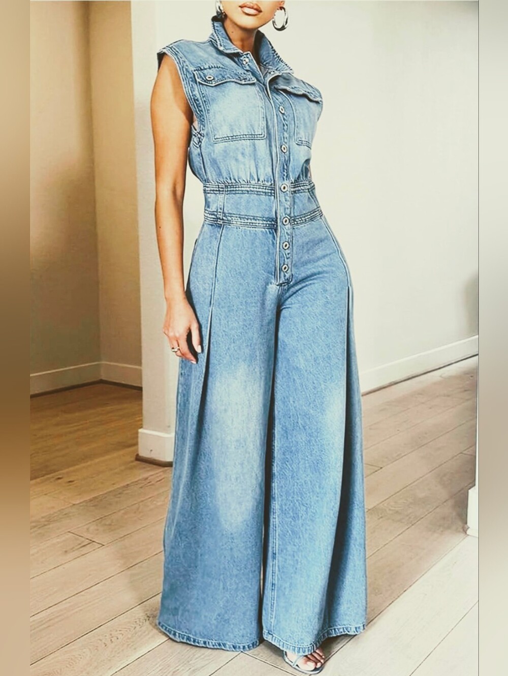 Light Blue Wide-Leg Denim Jumpsuit - Sleeveless
